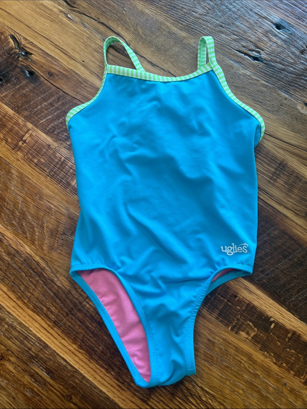 Dolfin Girls' Aqua One-Piece Swimsuit with Lime Trim and Pink Lining